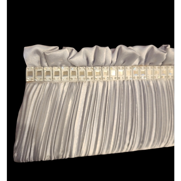 Silver Metallic Evening Clutch with Scrunched Pleated Fabric and Rhinestone Trim - Picture 10 of 10